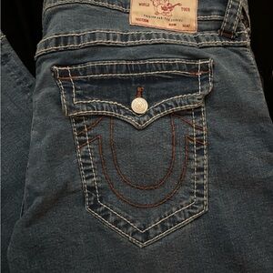 True Religion Dark Blue Denim big flap brown Stitching GENO relaxed Slim 38 NWT